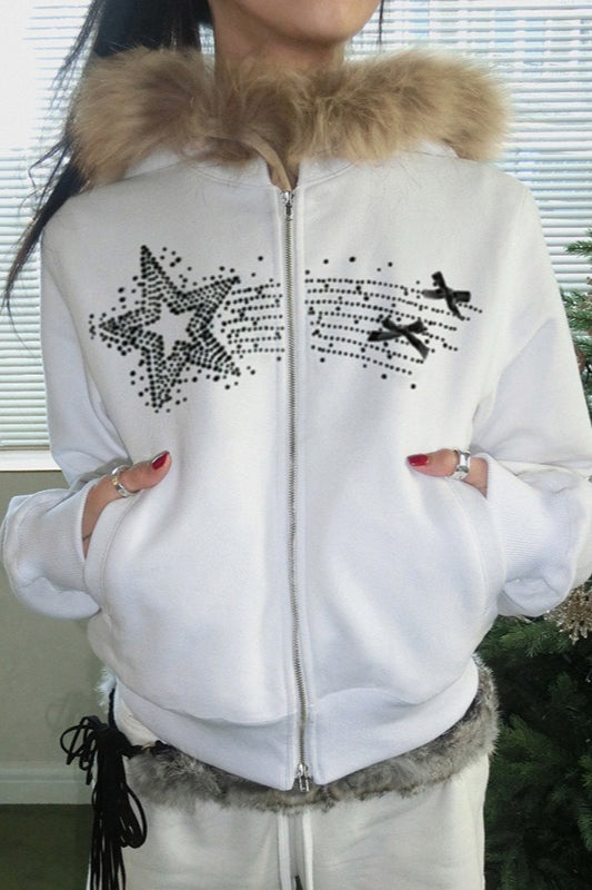Vintage Star Print Fur Collar Hoodie Main image