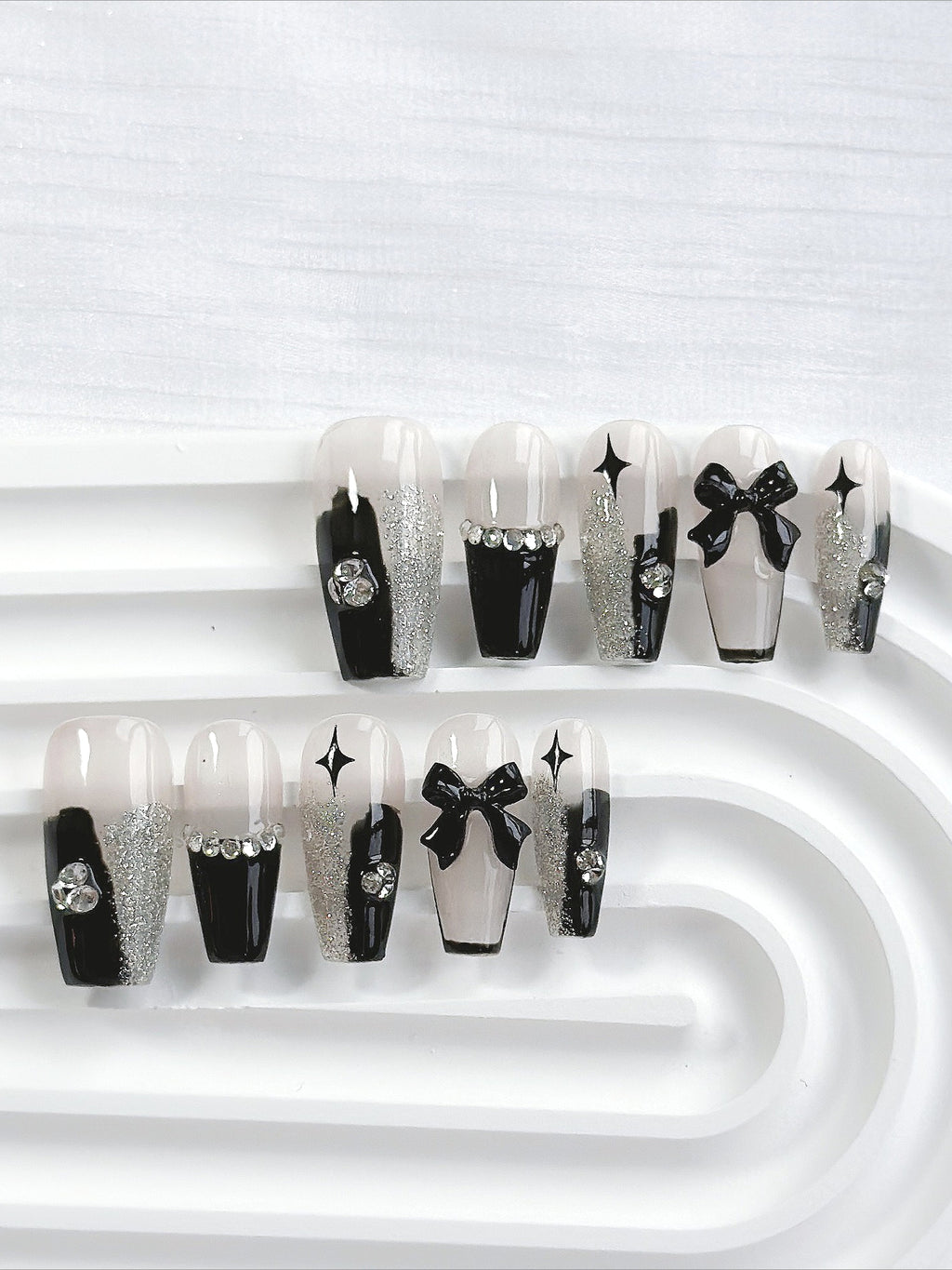 Dark Rhinestone Bow Press On Nails