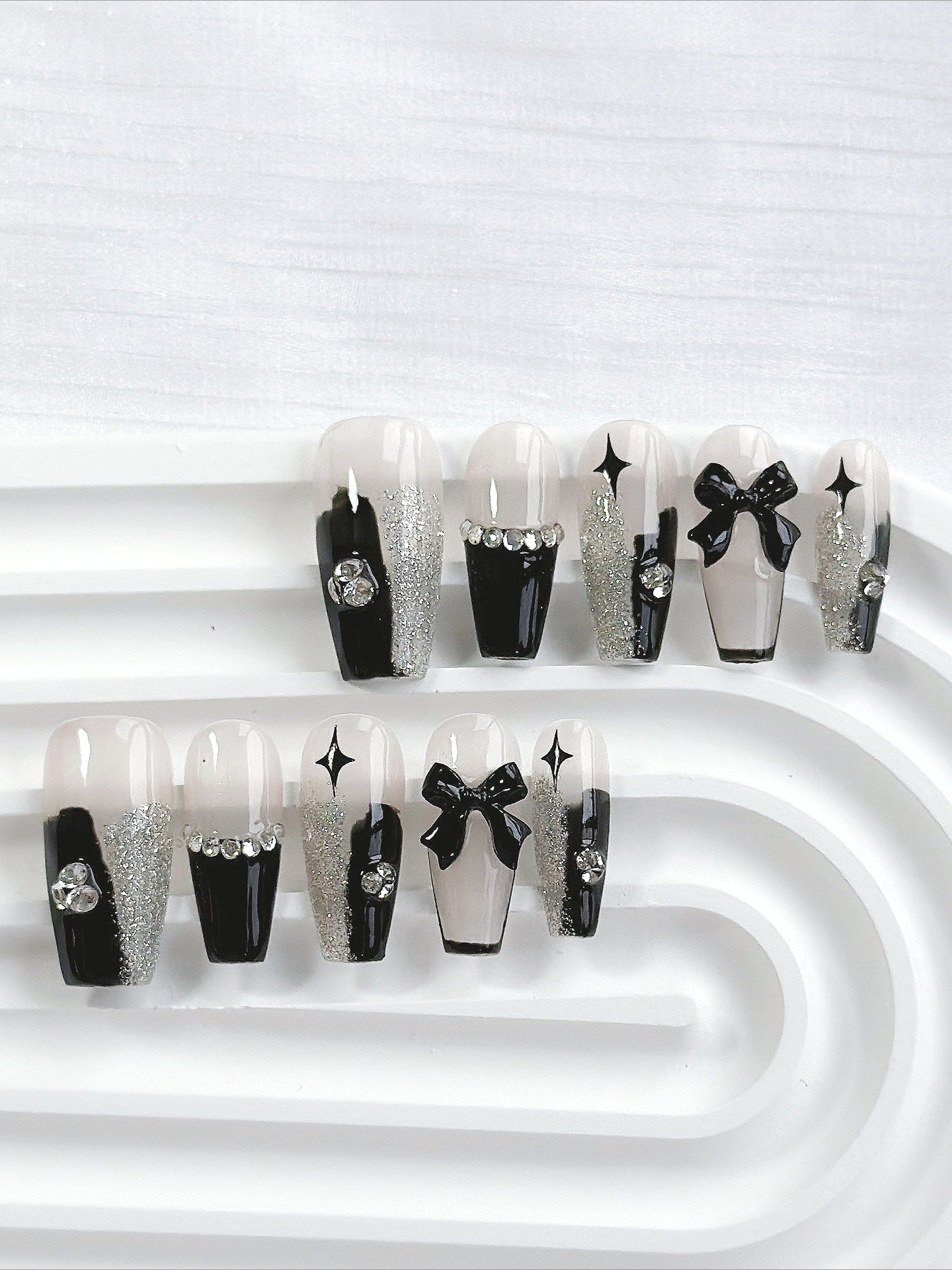 Dark Rhinestone Bow Press On Nails