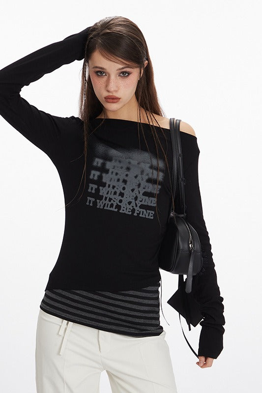 Virtual Patchwork Off Shoulder Asymmetric T-shirt Main image
