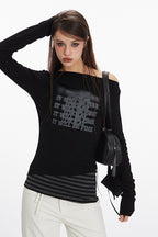 Virtual Patchwork Off Shoulder Asymmetric T-shirt