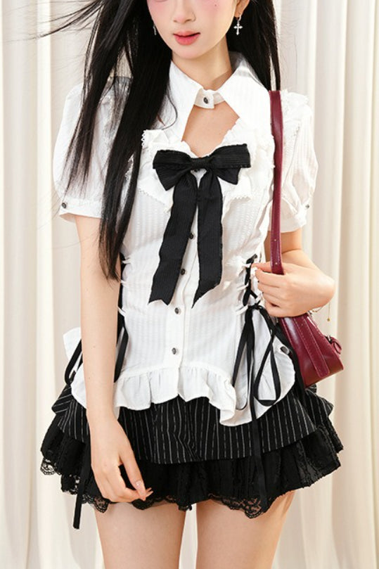 Gothic Ruffle Blouse And Tiered Mini Skirt Set