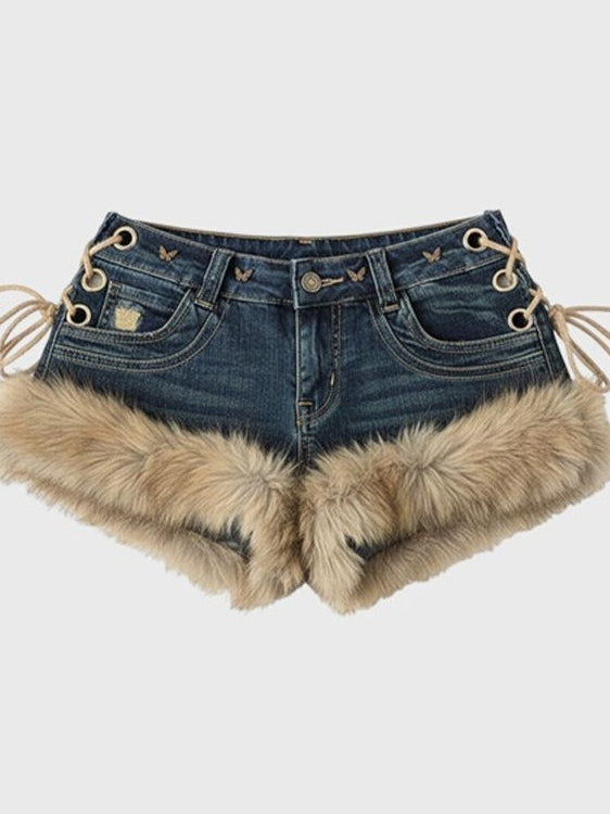 Y2K Low - Rise Slim Denim Fuzzy Shorts Main image