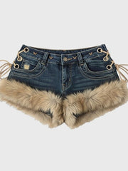 Y2K Low - Rise Slim Denim Fuzzy Shorts