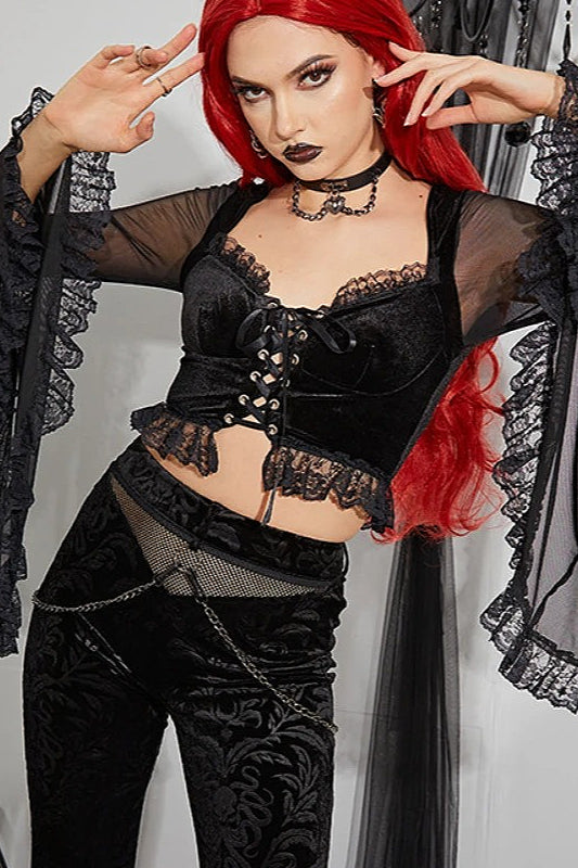 Vintage Black Lace-up Flared Sleeve Crop T-shirt