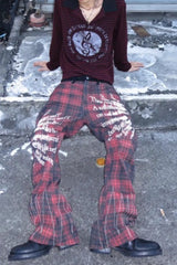 Punk Street Red Plaid Print Flare Curved Blade Denim Pants