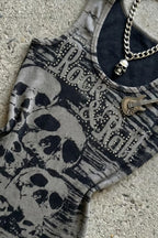 Grey Skull Letter Allover Printed Crew Neck Tank Top