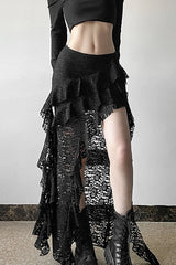 Punk Gothic Lace Ruffle Irregular Midi Skirt