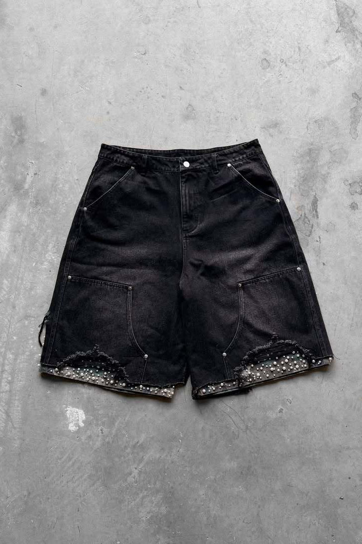 Distressed Studded Denim Bermuda Shorts