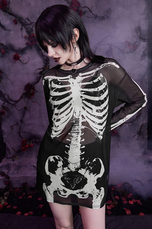 Skull Print Sheer Long Sleeve Mesh Top Secondary image