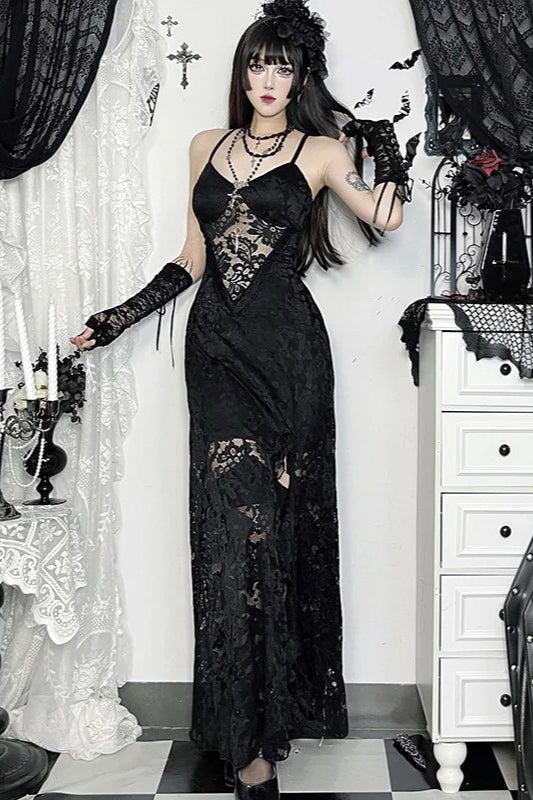Gothic Vintage Lace Split See Through Maxi Dress Main image