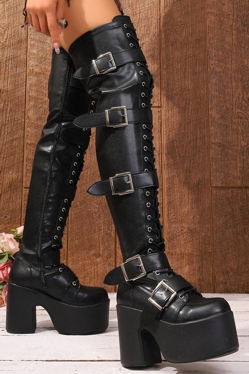 Multi Buckle Lace Up Platform Boots