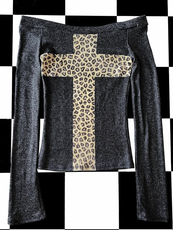 Sexy Leopard Print Cross Long Sleeve T-Shirt