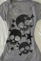 Skull Star Printed Shoulder Fit Ruched Slim T-shirt