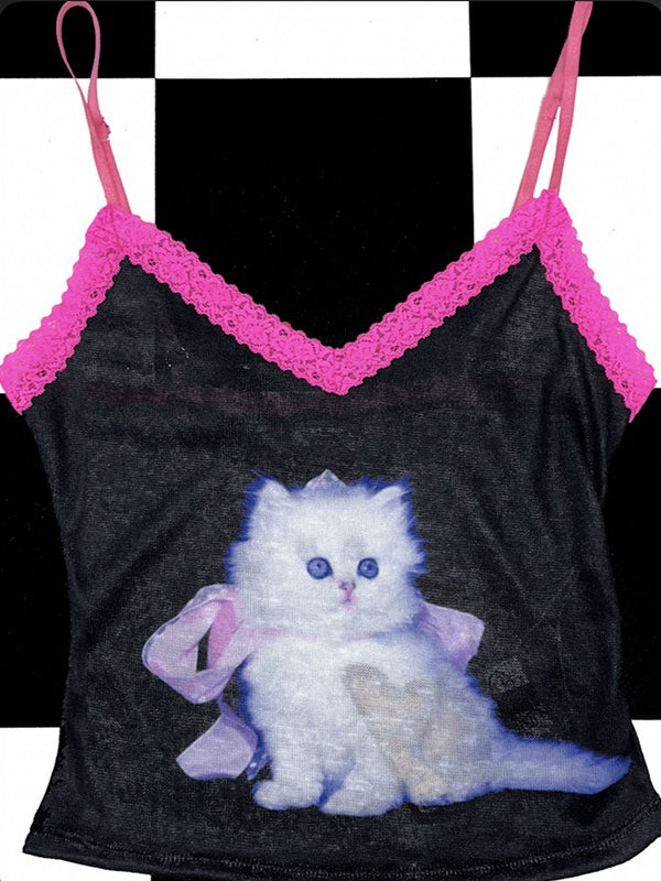 Y2K Oil Painting Cat Print Sweet Lace Camis Secondary image