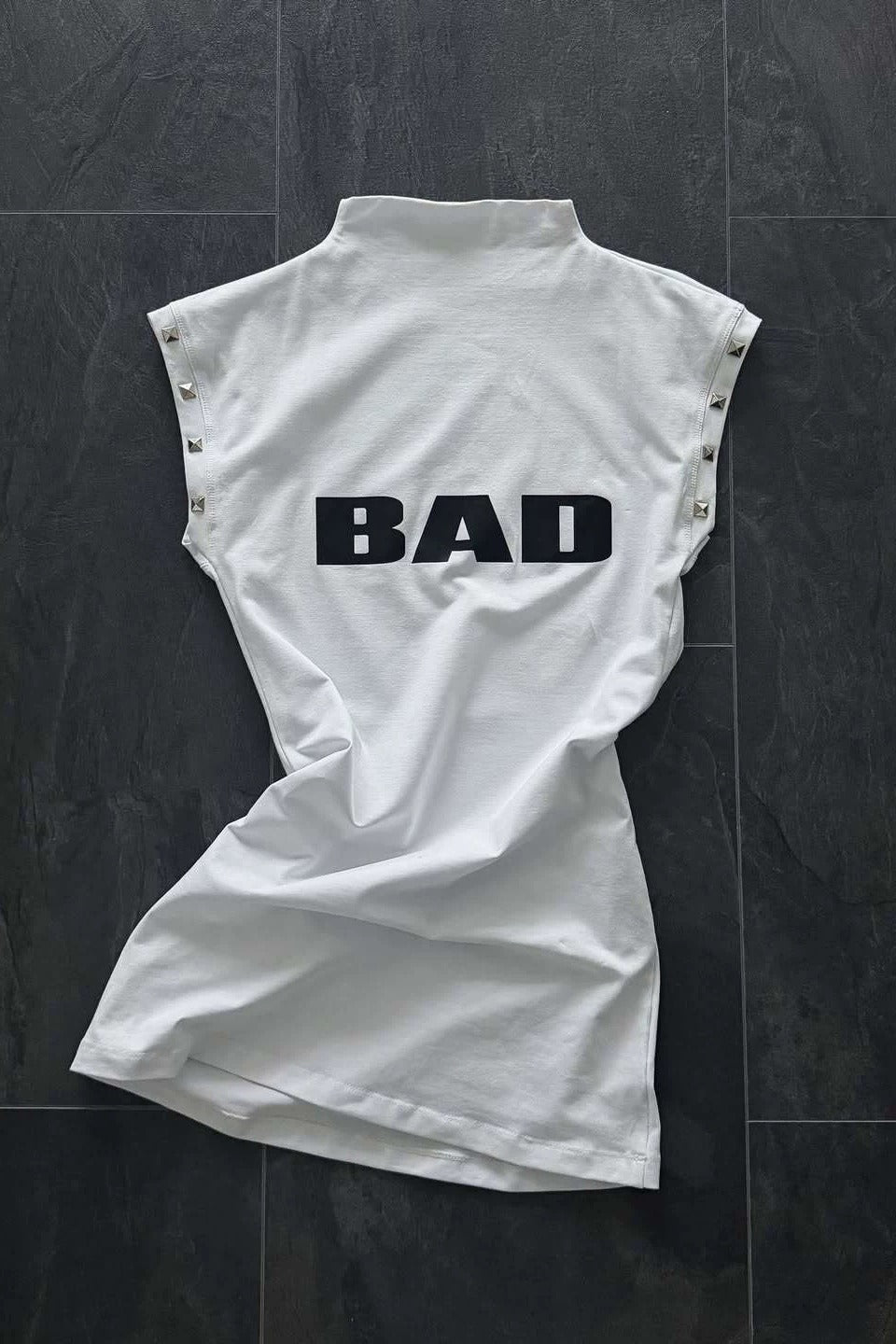 White Punk Studded Mock Neck Mini Dress Main image