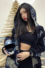 Skull Print Zip Up Hoodie