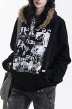 Graphic Panel Fluffy Trim Hoodies