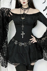 Dark Gothic One Shoulder Shaping Waist Patchwork Slim Mini Dress