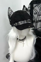 Y2K Gothic Punk Devil Ear Leather Buckle Cross Black Beret Hat