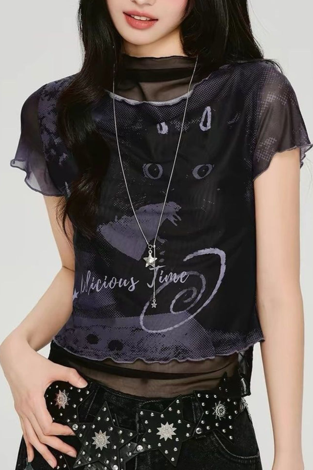 Moon Graphic Layered Mesh T-Shirt