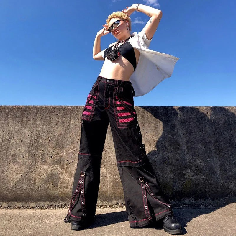 Black Red Contrast Studded Cargo Pants Secondary image