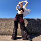 Black Red Contrast Studded Cargo Pants