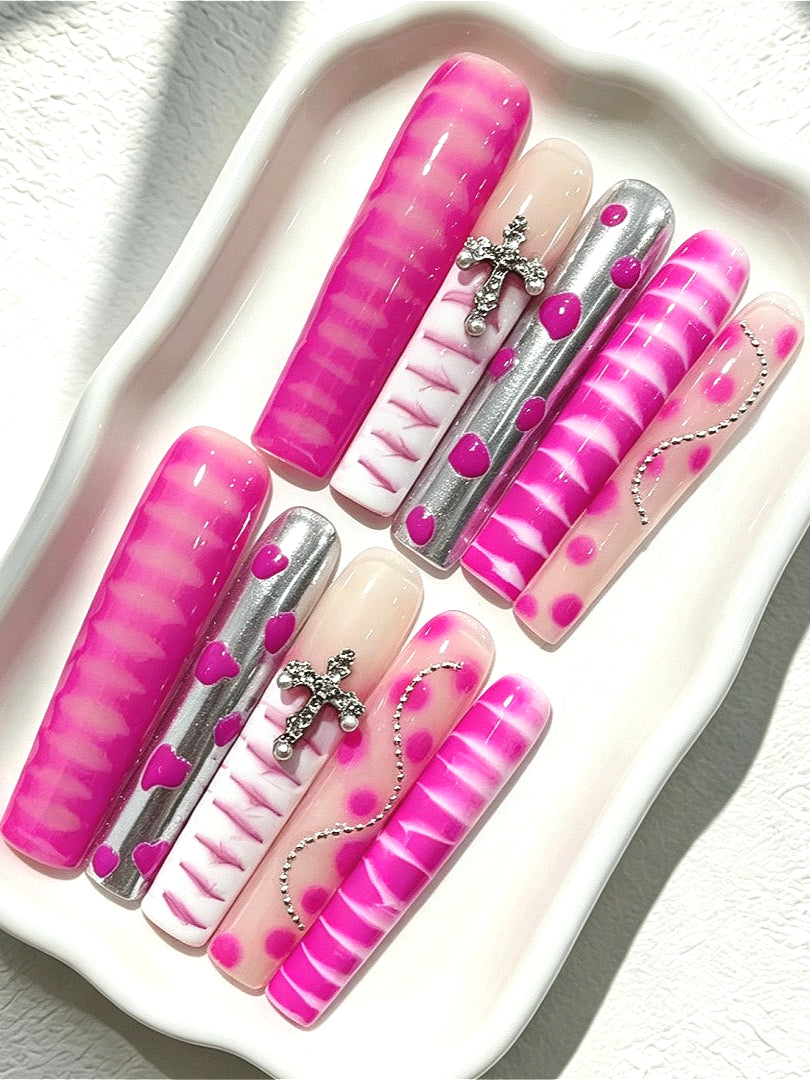 Y2K Pink Laser Polka Dot Press On Nails