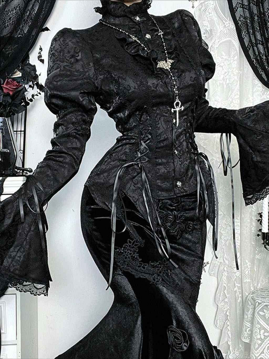 Gothic Bell Sleeve Fitted Blouse