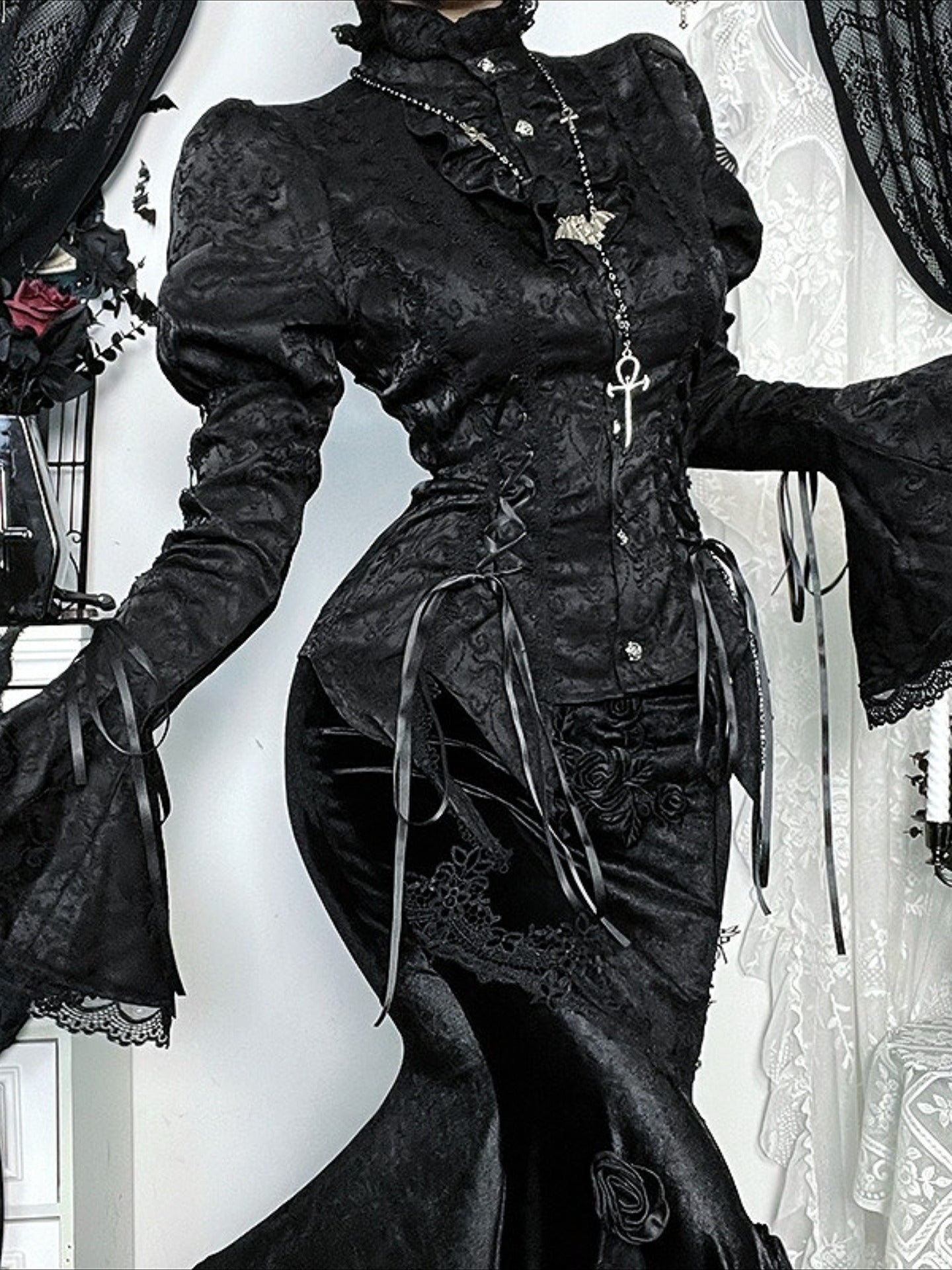 Gothic Bell Sleeve Fitted Blouse