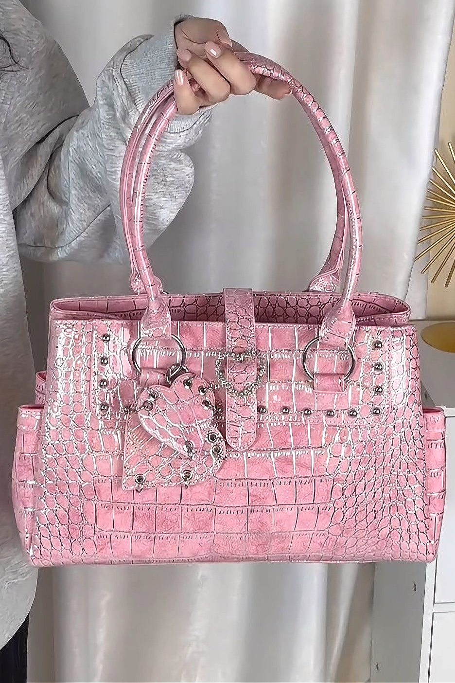 Street Studded Croc Embossed Shoulder Bag