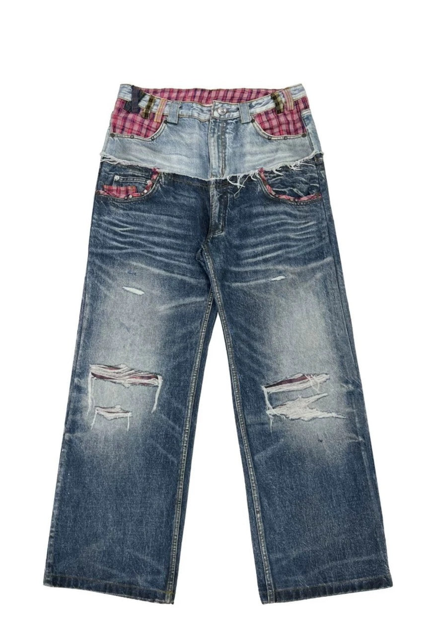 Plaid Double Waist Denim Pants Main image