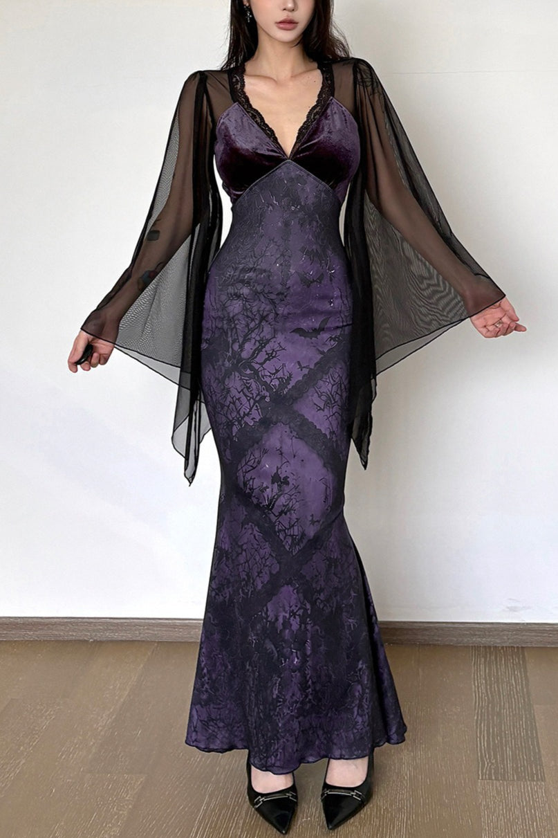 Printed Mesh Sleeve Fishtail Maxi Dress