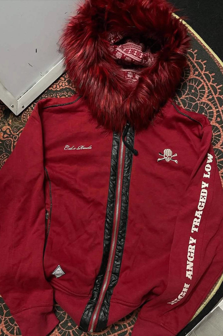 Gothic Cross Red Fur Trim Zip Hoodie Secondary image