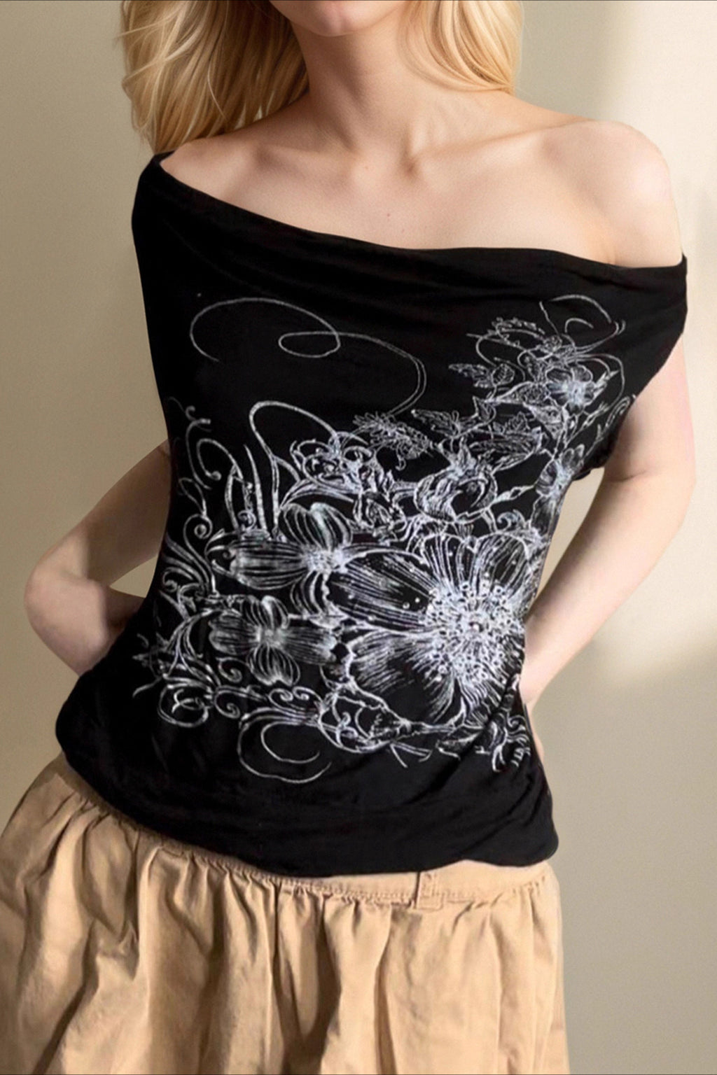 Convertible Cowl Neck Graphic Top