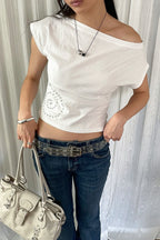 Y2K Solid Color Rhinestone Off Shoulder T-shirt