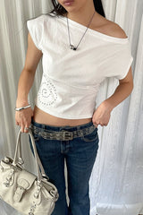 Y2K Solid Color Rhinestone Off Shoulder T-shirt