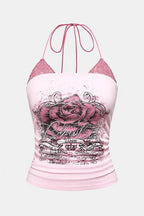 Vintage Lace Rose Print Fake Two-piece Halter Top