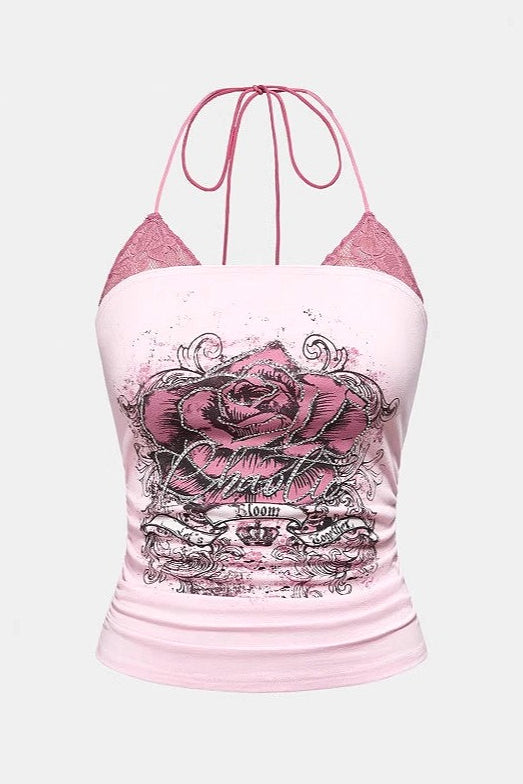 Vintage Lace Rose Print Fake Two-piece Halter Top