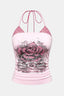 Vintage Lace Rose Print Fake Two-piece Halter Top