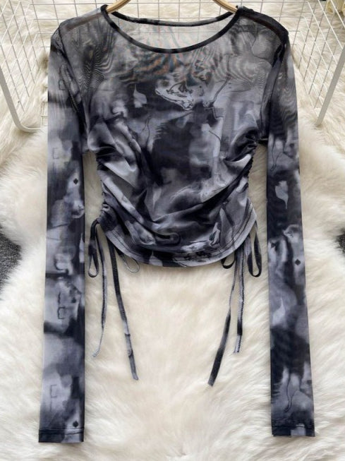 Cyber Tie Dye Drawstring Slim Long Sleeve Mesh Top