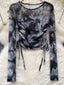 Cyber Tie Dye Drawstring Slim Long Sleeve Mesh Top