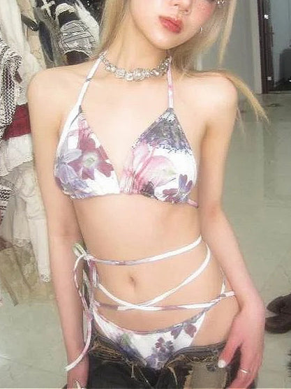 Street Punk Vintage Print Tie-Up Swimwear