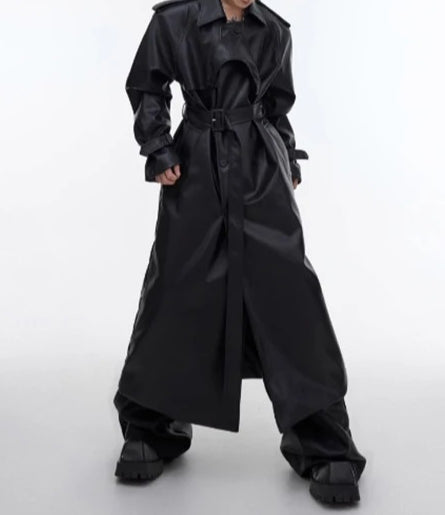 Waterproof Belted Leather Long Coat Main image