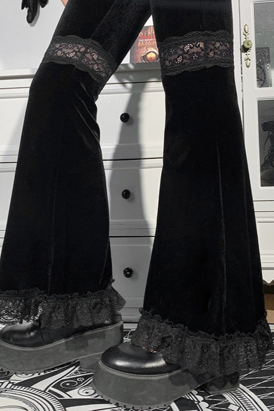 Lace Panel Velvet Flare Pants
