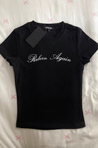 Letter Rhinestone Angel Wings Short Sleeve T-shirt