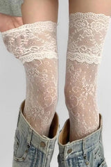 Lace Trim Y2K Floral Fishnet Over Knee Mesh Socks