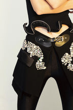 High-Street Beaded Bling PU Buckle Mini Skirt