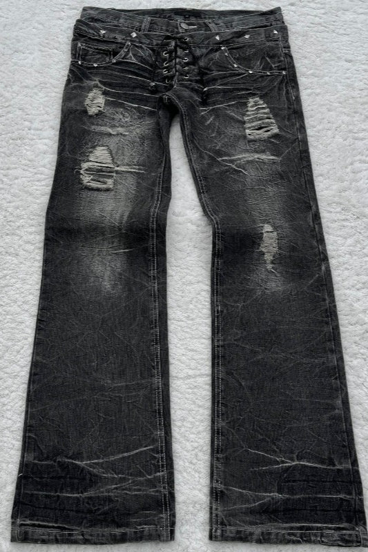 Lace Up Double Waist Distressed Jeans