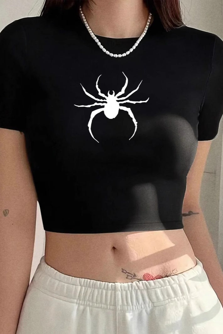 Gothic Spider Print Cropped T-Shirt Main image